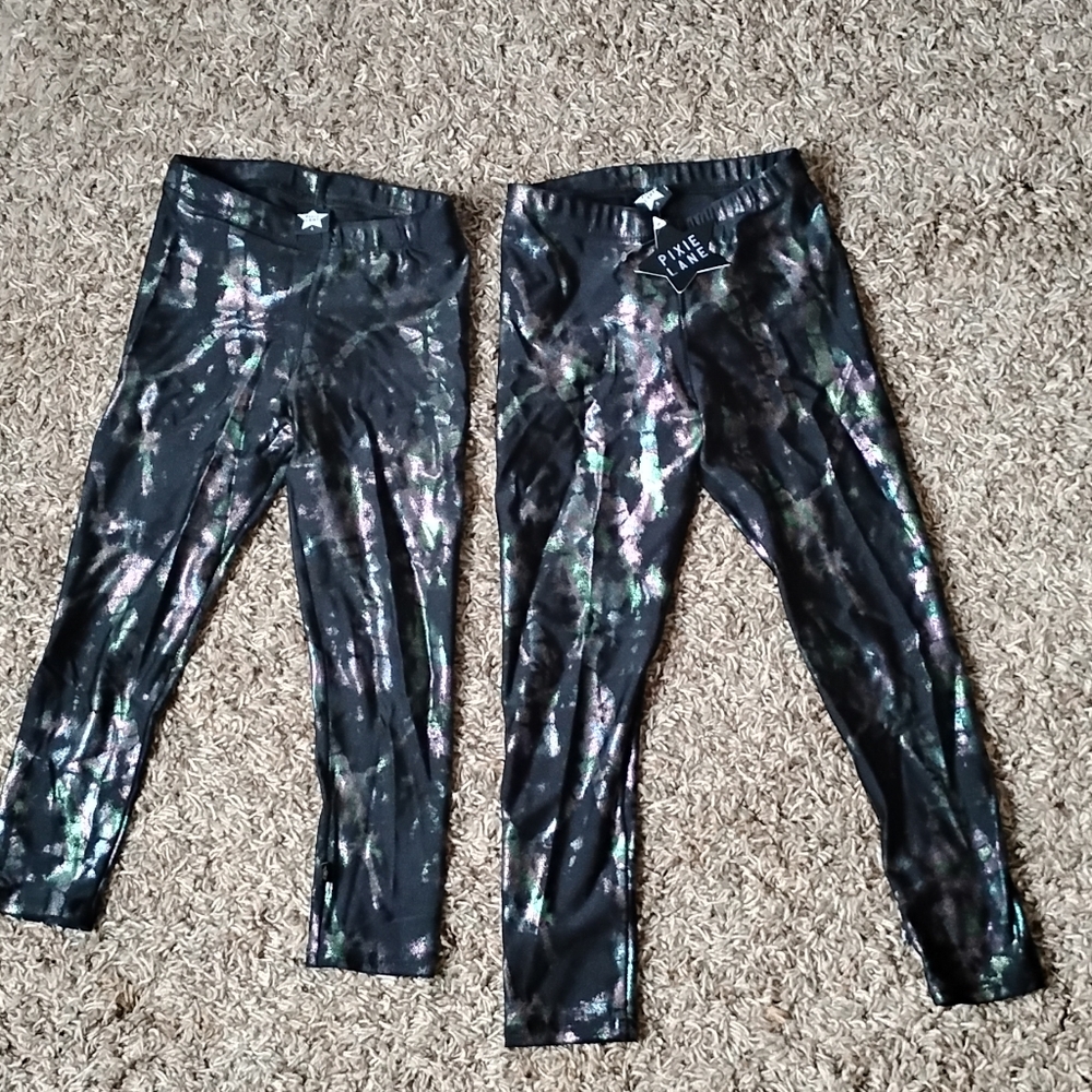 PIXIE LANE HIGH CHINY Kids Black and Green Patterned Leggings SIZE 5&4